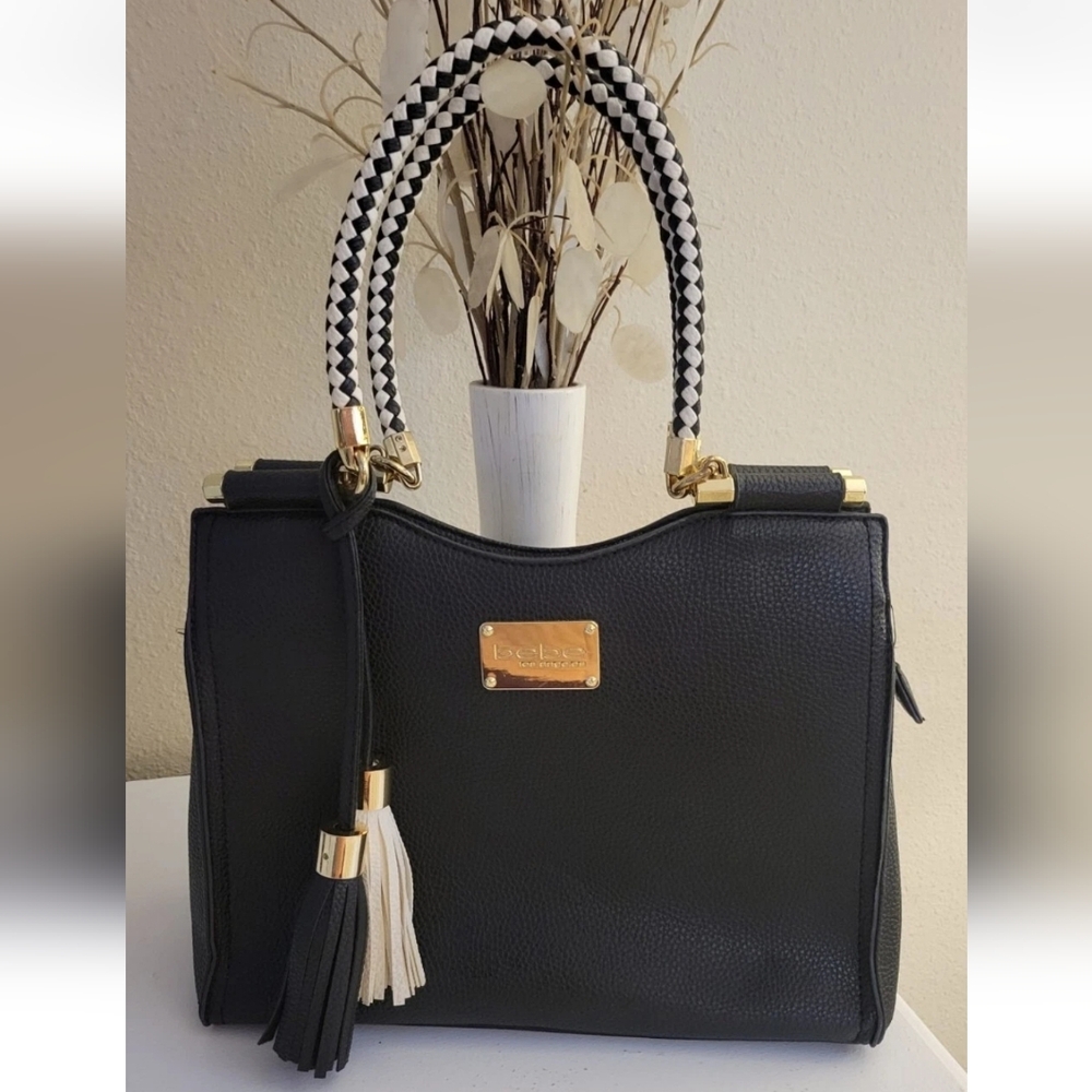 NEW BEBE LOS ANGELES BLACK WHITE TASSEL BRAIDED LEATHER BOHO HANDBAG PURSE LARG - Picture 2 of 12